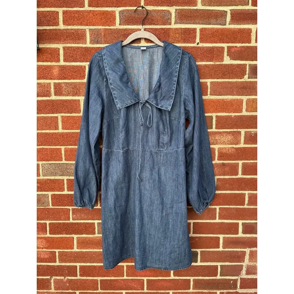 Old Navy Chambray Denim Dress Medium 100% Cotton Long Sleeve Boho Cottagecore - Picture 2 of 11